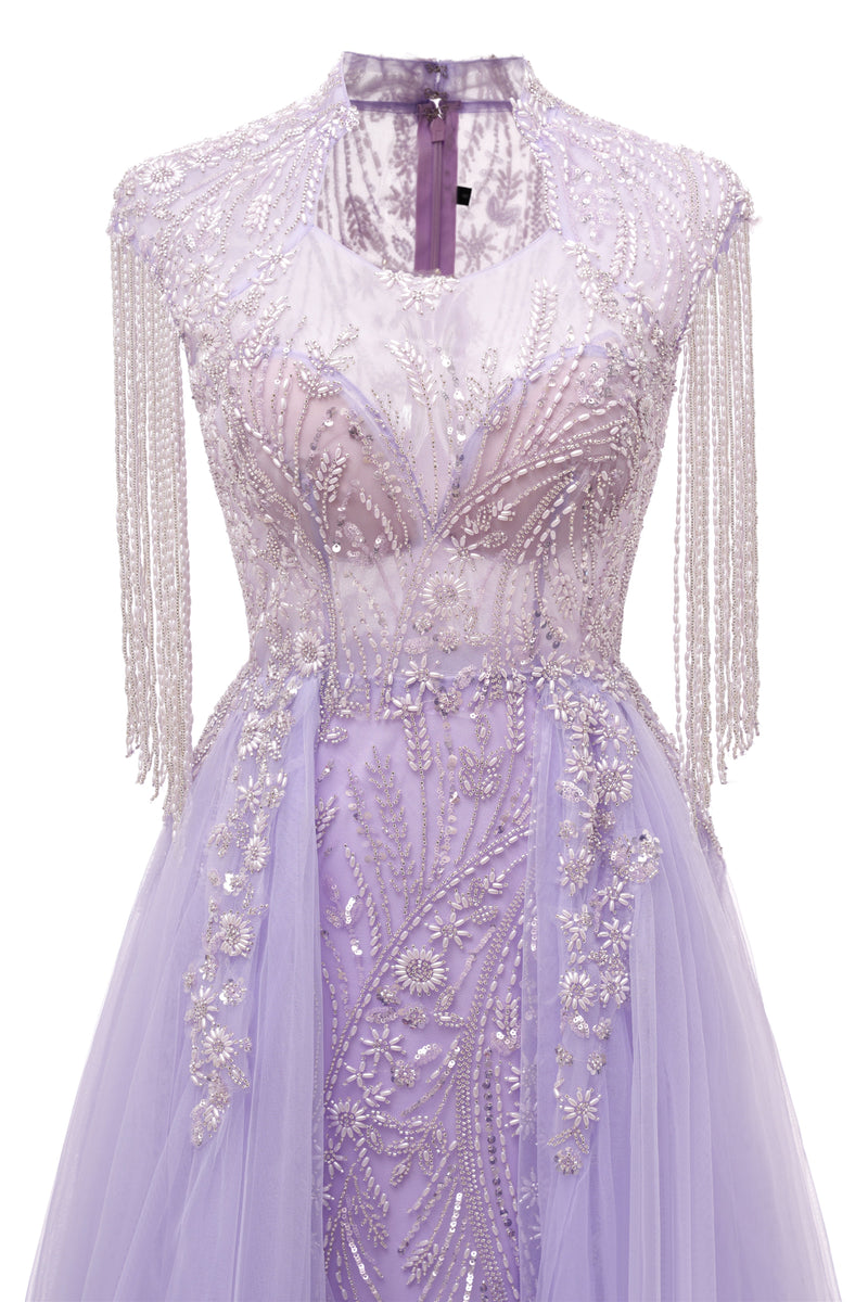 Lilac Long sleeves Overskirt A-line Evening Dresses-showprettydress