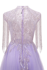 Lilac Long sleeves Overskirt A-line Evening Dresses-showprettydress
