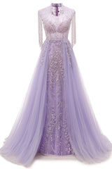 Lilac Long sleeves Overskirt A-line Evening Dresses-showprettydress