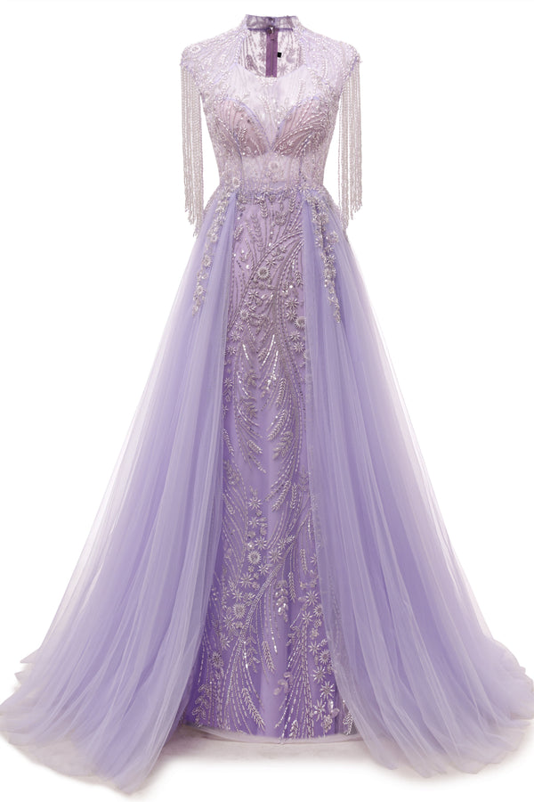Lilac Long sleeves Overskirt A-line Evening Dresses-showprettydress