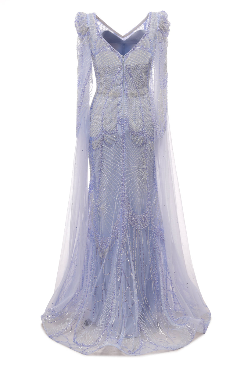 Lilac Tulle Beaded V-neck Mermaid Tulle Evening Dresses-showprettydress