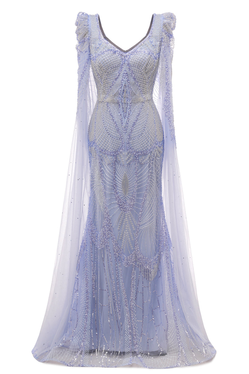 Lilac Tulle Beaded V-neck Mermaid Tulle Evening Dresses-showprettydress