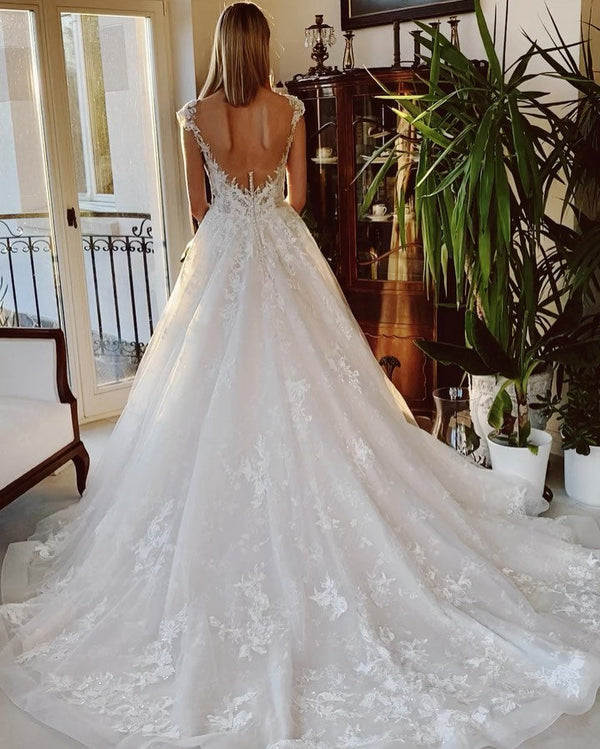 Long A-line Appliques Lace Backless Church Train Wedding Dress-showprettydress