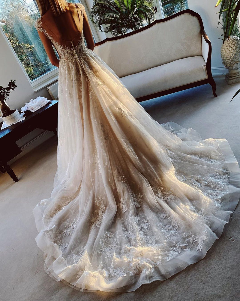 Long A-line Appliques Lace Backless Church Train Wedding Dress-showprettydress