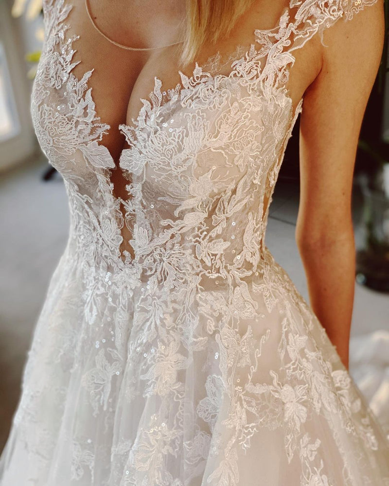 Long A-line Appliques Lace Backless Church Train Wedding Dress-showprettydress