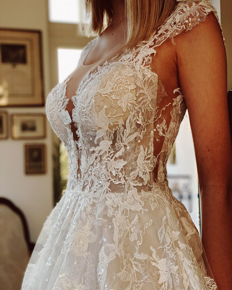 Long A-line Appliques Lace Backless Church Train Wedding Dress-showprettydress