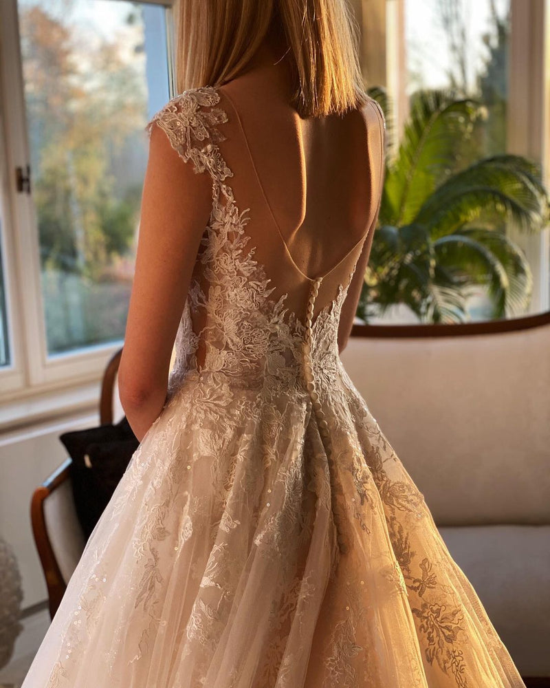 Long A-line Appliques Lace Backless Church Train Wedding Dress-showprettydress