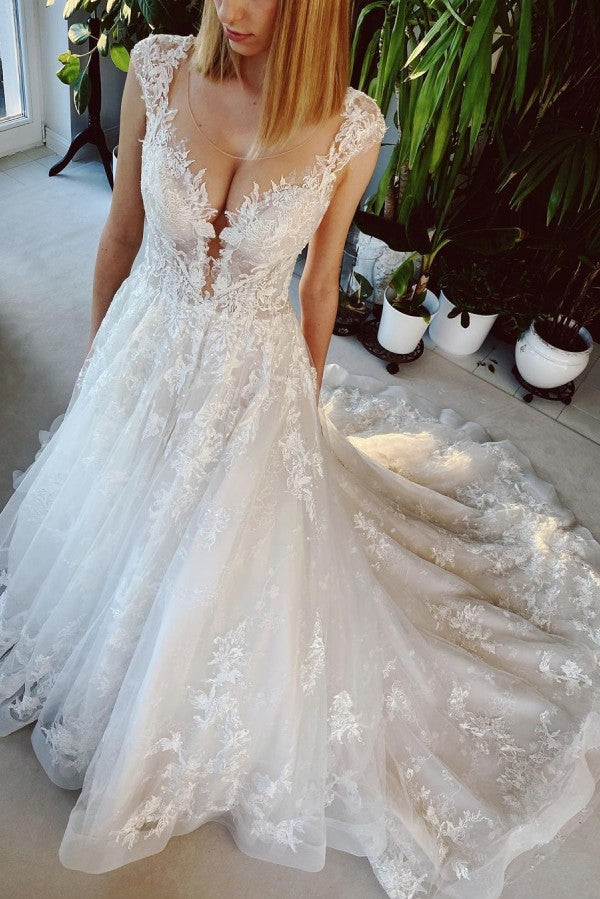 Long A-line Appliques Lace Backless Church Train Wedding Dress-showprettydress