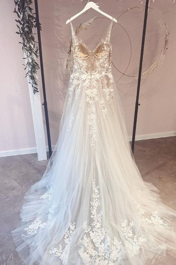Long A-Line Appliques Lace Spaghetti Straps Sweetheart Tulle Wedding Dresses-showprettydress