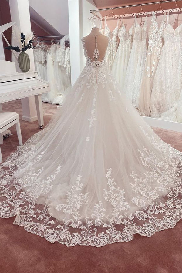 Long A-Line Appliques Lace Sweetheart Tulle Wedding Dress-showprettydress