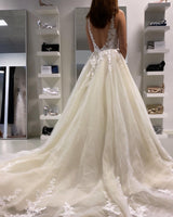 Long A-Line Appliques Lace Tulle Ruffles Backless Wedding Dress-showprettydress