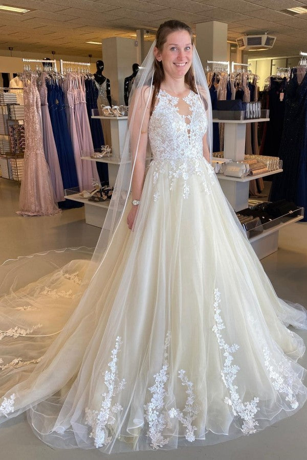 Long A-Line Appliques Lace Tulle Ruffles Backless Wedding Dress-showprettydress
