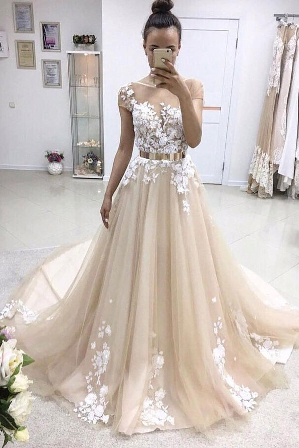 Long A-line Bateau Lace Appliqued Gold Sash Wedding Dress with Sleeves-showprettydress