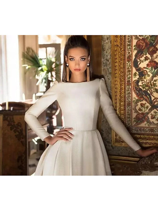 Long A-Line Bateau Neck Court Train Polyester Backless Wedding Dresses with Sleeves-showprettydress