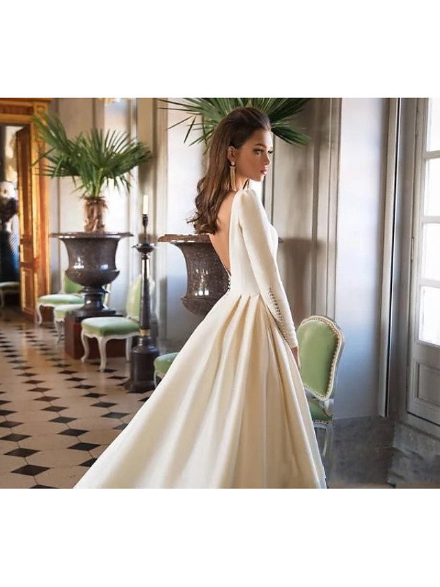 Long A-Line Bateau Neck Court Train Polyester Backless Wedding Dresses with Sleeves-showprettydress