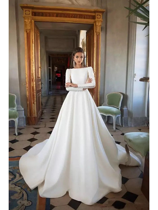Long A-Line Bateau Neck Court Train Polyester Backless Wedding Dresses with Sleeves-showprettydress