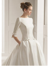 Long A-Line Bateau Neck Polyester Half Sleeve Backless Wedding Dresses with Pockets-showprettydress
