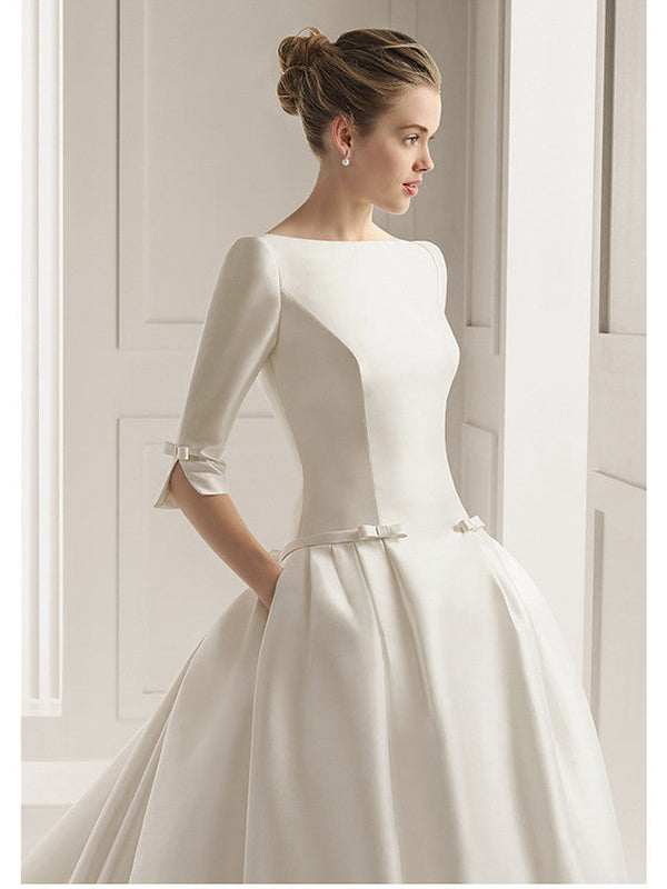 Long A-Line Bateau Neck Polyester Half Sleeve Backless Wedding Dresses with Pockets-showprettydress