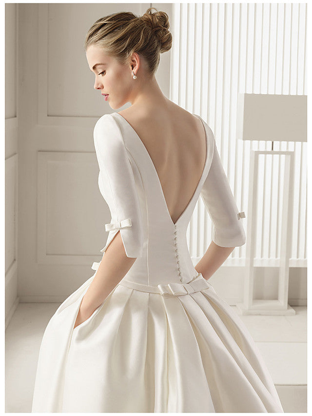 Long A-Line Bateau Neck Polyester Half Sleeve Backless Wedding Dresses with Pockets-showprettydress