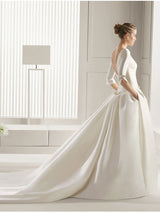 Long A-Line Bateau Neck Polyester Half Sleeve Backless Wedding Dresses with Pockets-showprettydress