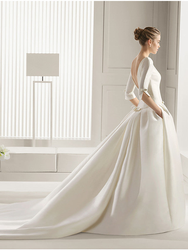 Long A-Line Bateau Neck Polyester Half Sleeve Backless Wedding Dresses with Pockets-showprettydress