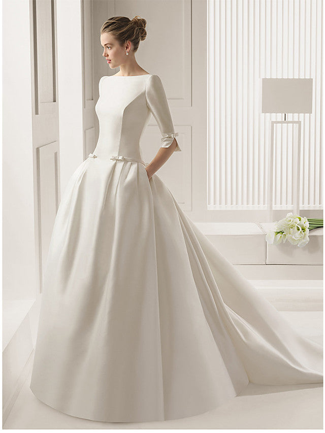 Long A-Line Bateau Neck Polyester Half Sleeve Backless Wedding Dresses with Pockets-showprettydress