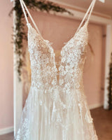 Long A-line Deep V-neck Tulle Spaghetti Straps Lace Backless Wedding Dress-showprettydress