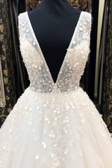 Long A-Line Deep V Neck Tulle Wedding Dress-showprettydress