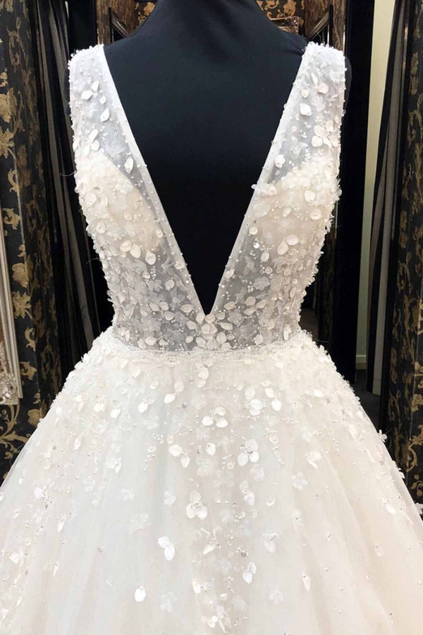 Long A-Line Deep V Neck Tulle Wedding Dress-showprettydress