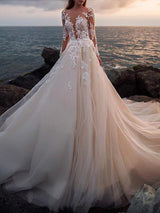 Long A-Line Jewel Neck Court Train Lace Tulle Wedding Dresses with Sleeves-showprettydress