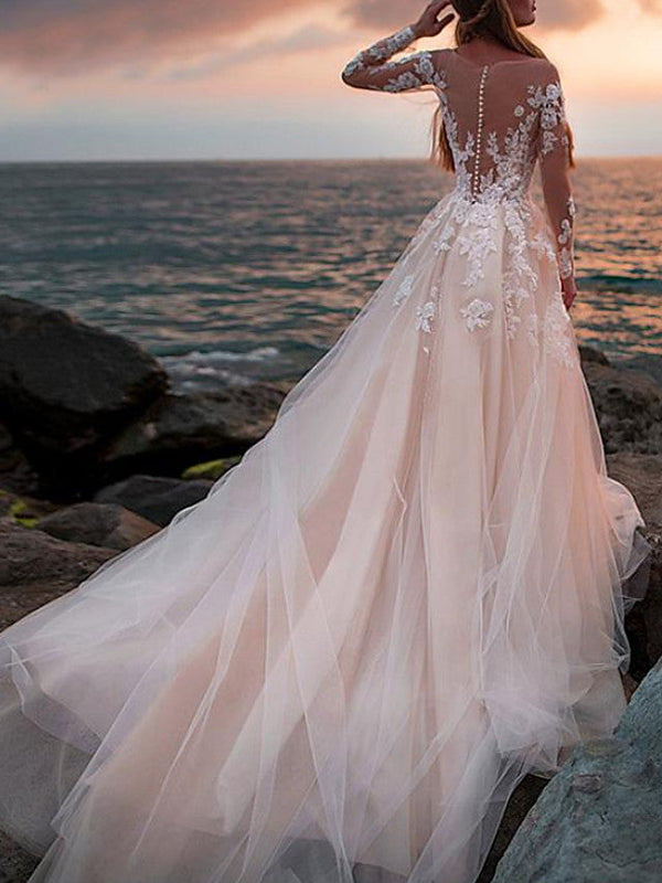 Long A-Line Jewel Neck Court Train Lace Tulle Wedding Dresses with Sleeves-showprettydress