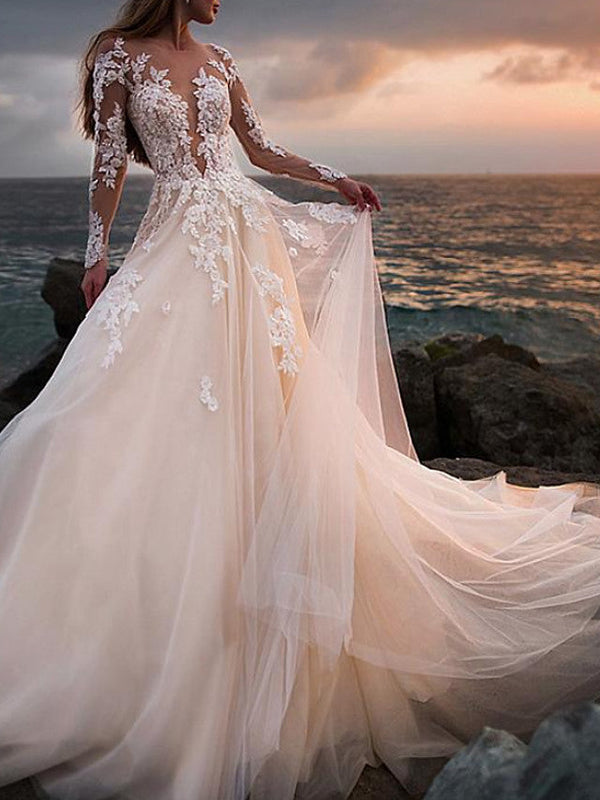 Long A-Line Jewel Neck Court Train Lace Tulle Wedding Dresses with Sleeves-showprettydress