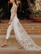 Long A-Line Jewel Neck Lace Satin Jumpsuits Wedding Dresses with Sleeves-showprettydress