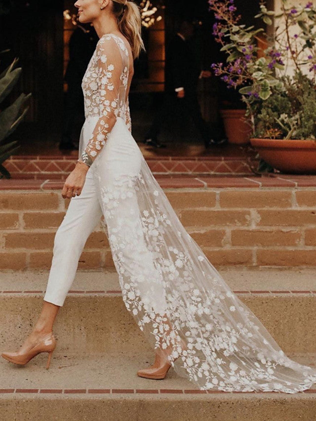 Long A-Line Jewel Neck Lace Satin Jumpsuits Wedding Dresses with Sleeves-showprettydress
