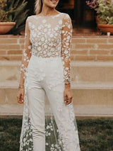 Long A-Line Jewel Neck Lace Satin Jumpsuits Wedding Dresses with Sleeves-showprettydress