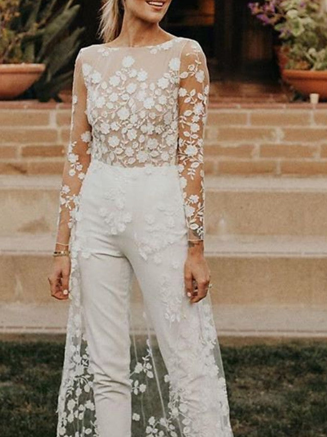 Long A-Line Jewel Neck Lace Satin Jumpsuits Wedding Dresses with Sleeves-showprettydress