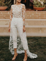 Long A-Line Jewel Neck Lace Satin Jumpsuits Wedding Dresses with Sleeves-showprettydress