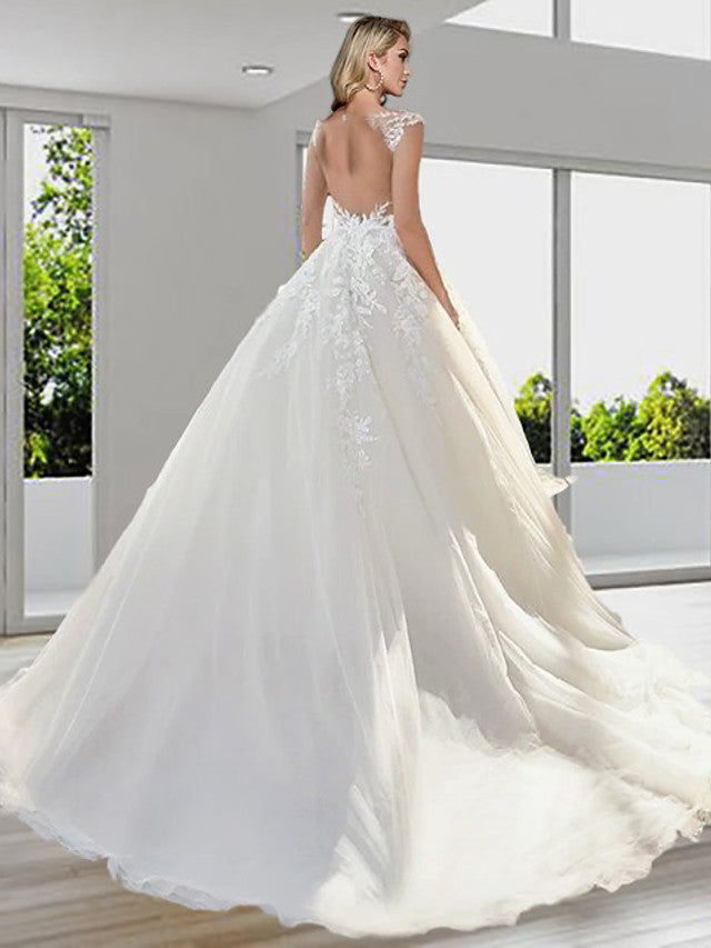 Long A-Line Jewel Neck Sweep Brush Train Lace Tulle Backess Wedding Dresses-showprettydress