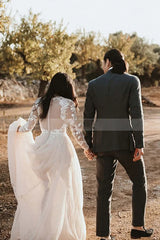 Long A-line Lace Scoop Neck Tulle Wedding Dress with Sleeves-showprettydress