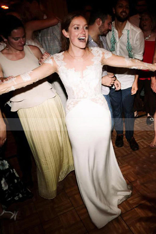 Long A-line Lace Tulle Backless Wedding Dress with Sleeves-showprettydress