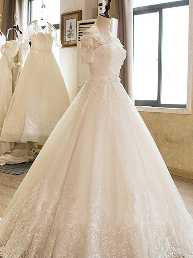 Long A-line Off Shoulder Court Train Lace Tulle Wedding Dresses with Sleeves-showprettydress
