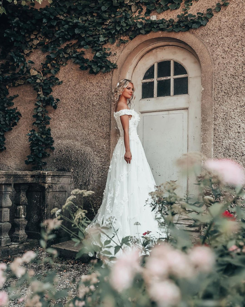 Long A-line Off-the-shoulder 3D Flroal Wedding Dress with Lace Appliques-showprettydress
