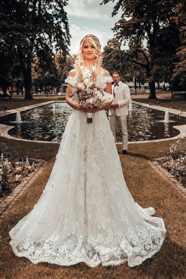 Long A-line Off-the-shoulder 3D Flroal Wedding Dress with Lace Appliques-showprettydress