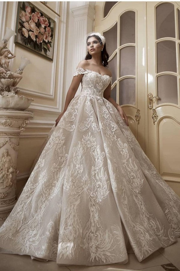 Long A-Line Off-the-Shoulder Appliques Lace Wedding Dress-showprettydress