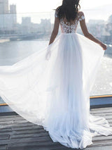 Long A-Line Off the Shoulder Lace Chiffon Wedding Dresses with Sleeves-showprettydress