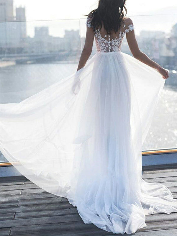 Long A-Line Off the Shoulder Lace Chiffon Wedding Dresses with Sleeves-showprettydress