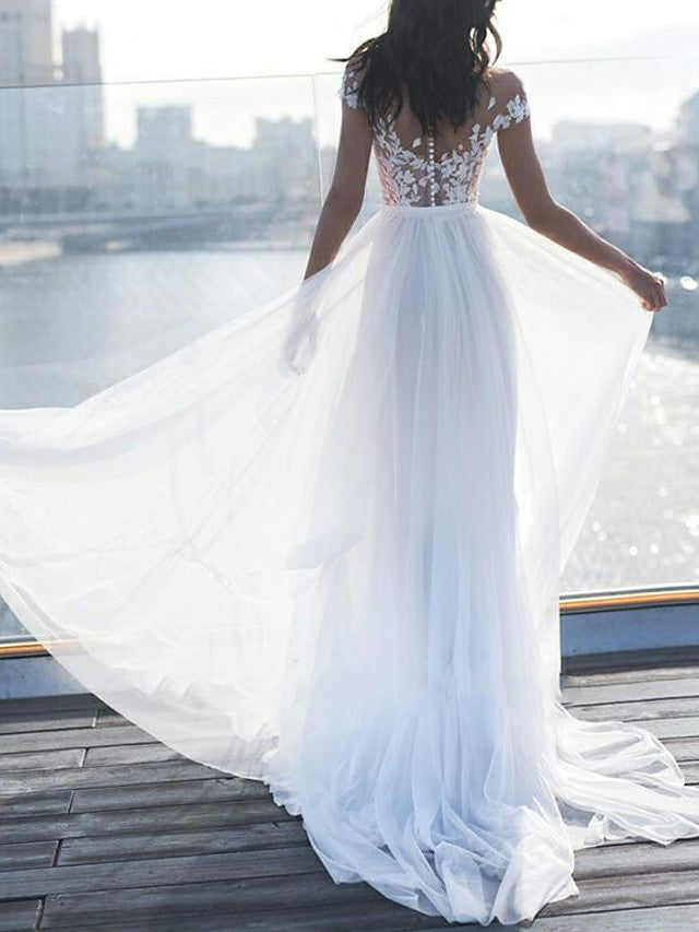Long A-Line Off the Shoulder Lace Chiffon Wedding Dresses with Sleeves-showprettydress