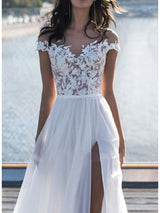 Long A-Line Off the Shoulder Lace Chiffon Wedding Dresses with Sleeves-showprettydress