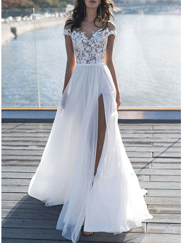 Long A-Line Off the Shoulder Lace Chiffon Wedding Dresses with Sleeves-showprettydress
