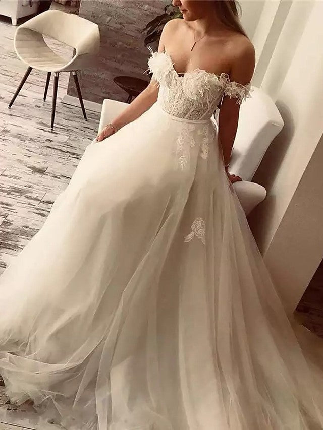 Long A-Line Off the Shoulder Lace Tulle Wedding Dresses-showprettydress